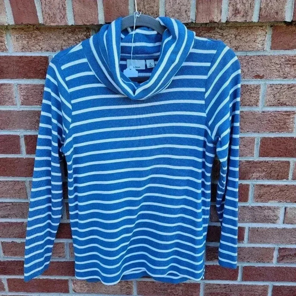 L.L. Bean Cowal Neck Sweater Women's Medium Reg Blue and White Striped - Picture 1 of 8